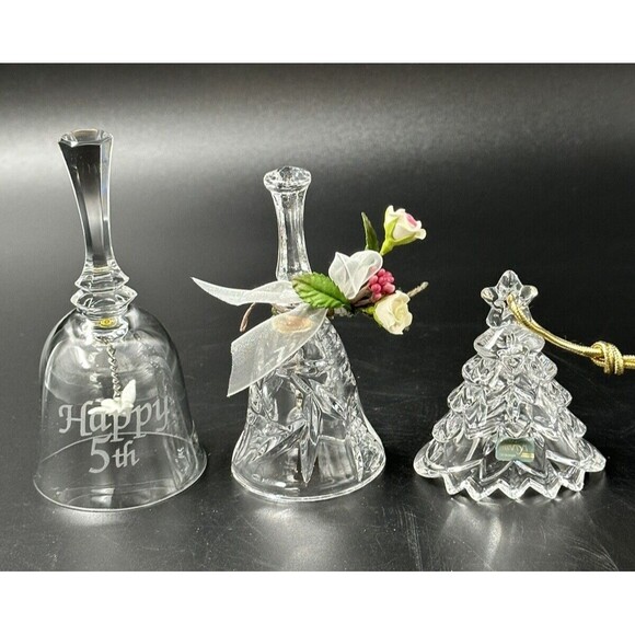 Lot of 3 Glass and Crystal Bells Mikasa Christmas Tree Bell Happy 5th Bell - Picture 2 of 16